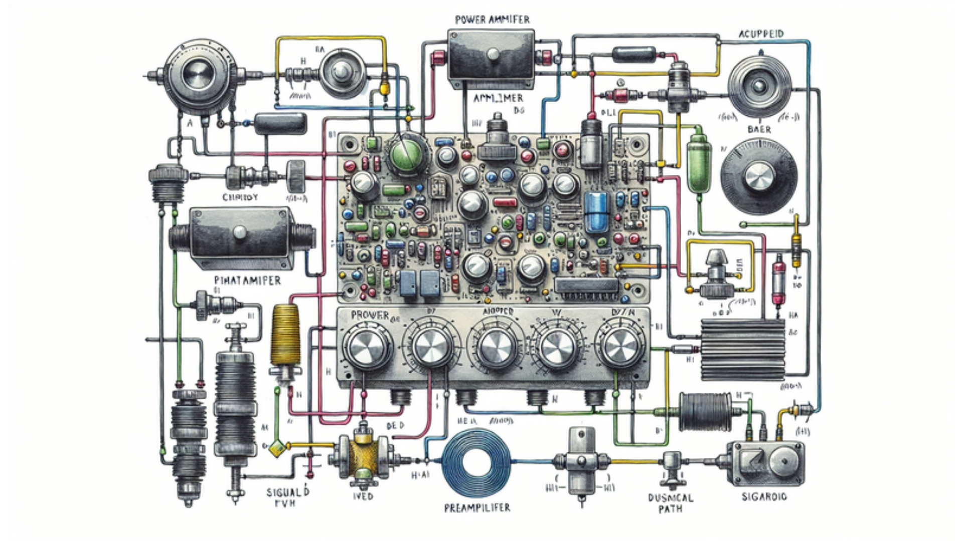 Handgezeichneter Amp-Schaltplan zeigt Komponenten wie Vorverstärker und Endstufen in Aquarellstil, DIY-Verstärkerprojekt