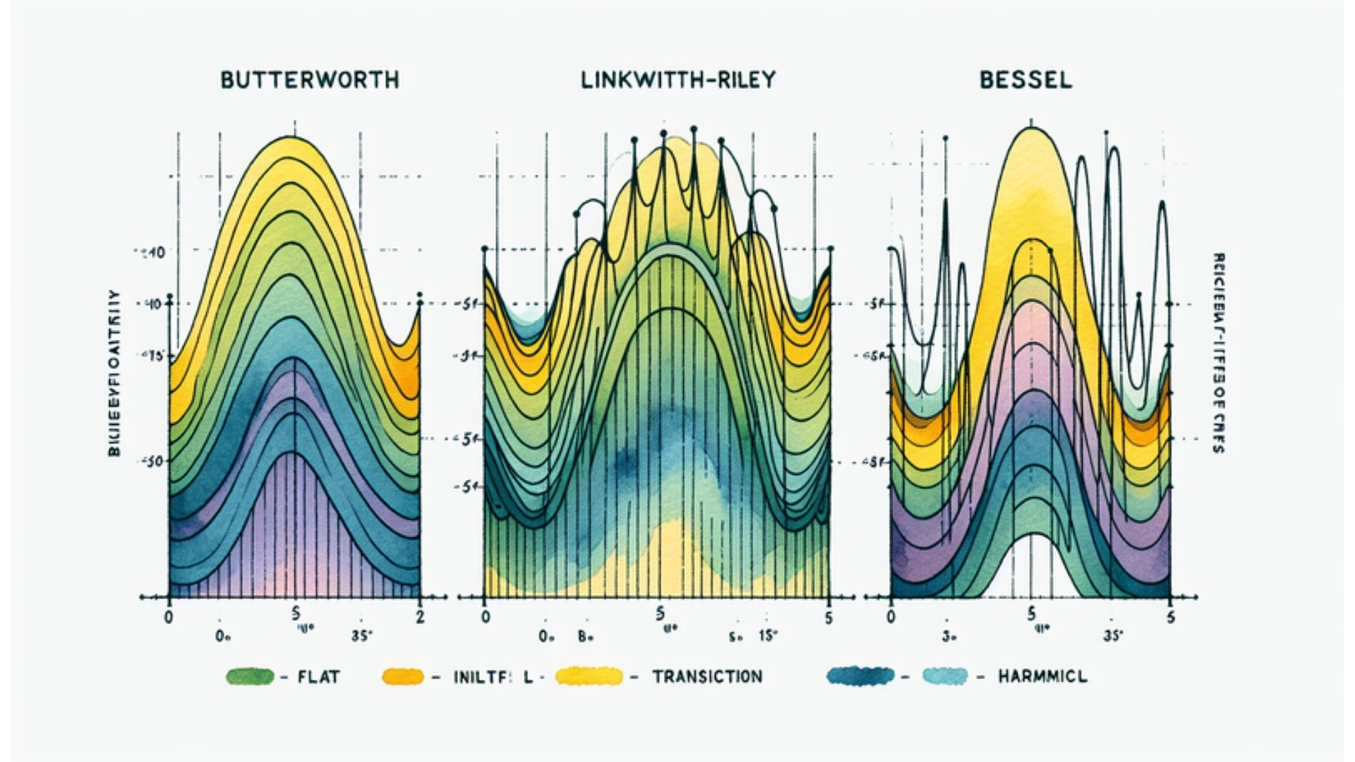 Vergleich der Frequenzgänge von Butterworth-, Linkwitz-Riley- und Bessel-Filtern in Aquarell-Stil, dargestellt auf einem weißen Hintergrund.