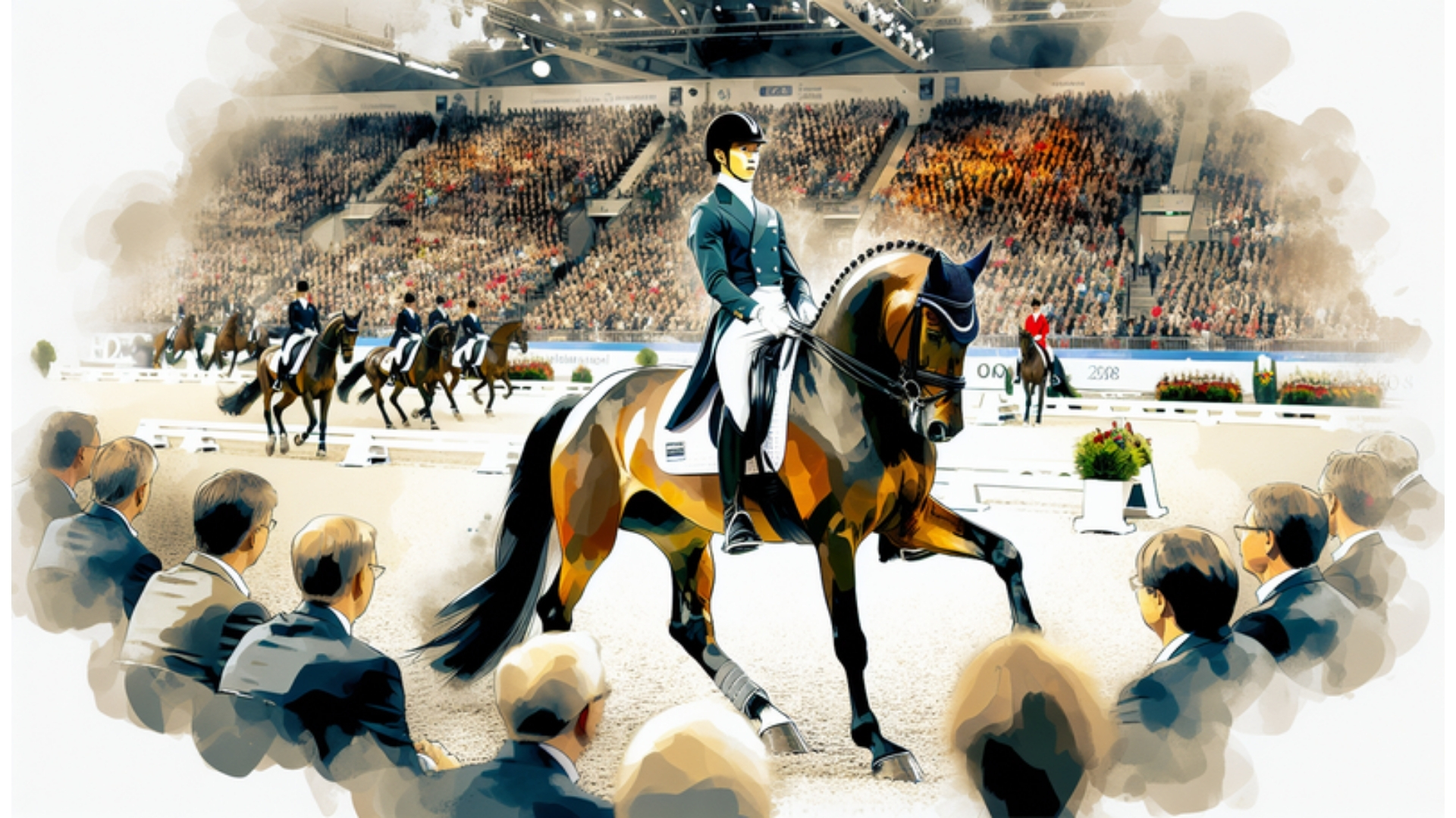 Aquarellbild einer Dressuraufführung beim Concours de Dressage International in Bonn 2008, mit einem Pferd und seinem Reiter im Vordergrund, umrahmt von einem beeindruckten Publikum.