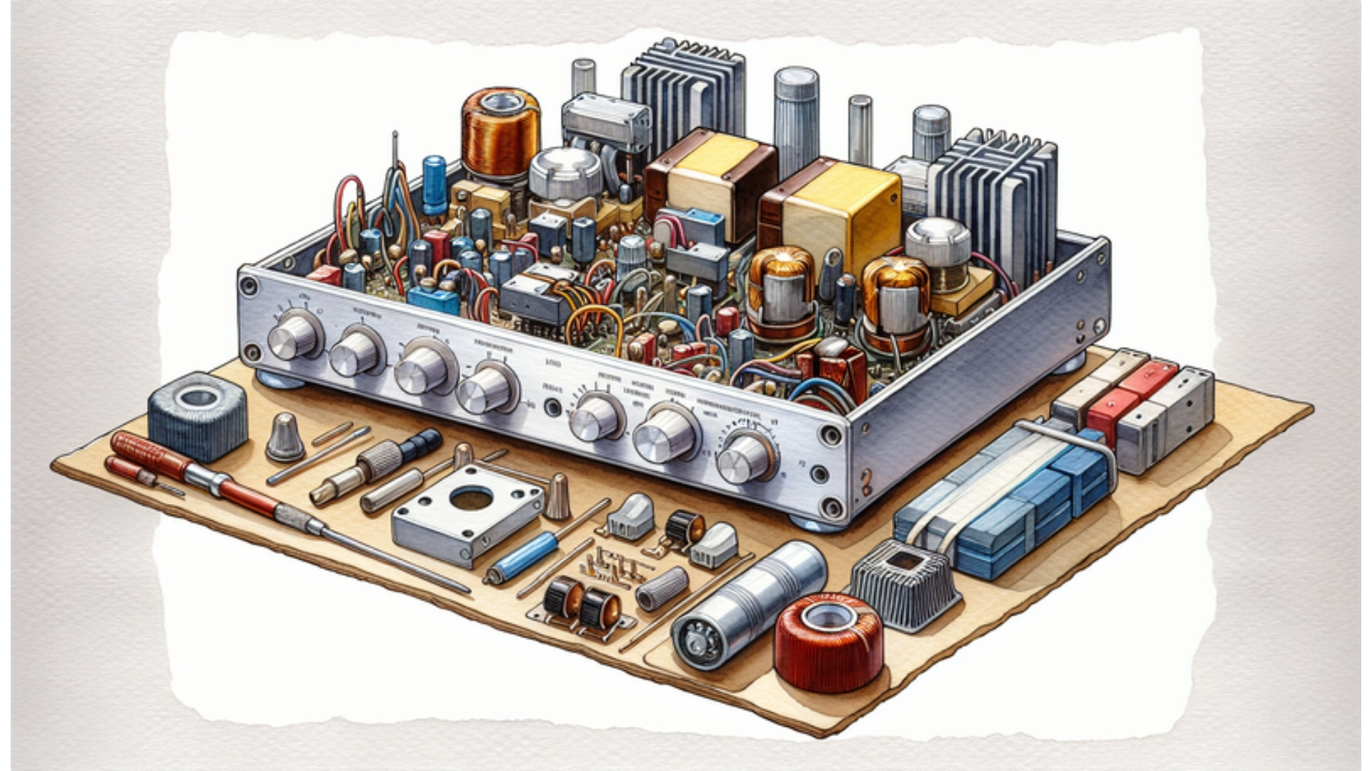 DIY Elektor Crescendo Verstärker-Kit im Aquarellstil zeigt Komponenten wie Platinen und Transformatoren auf weißem Hintergrund, ideal für Audioenthusiasten.