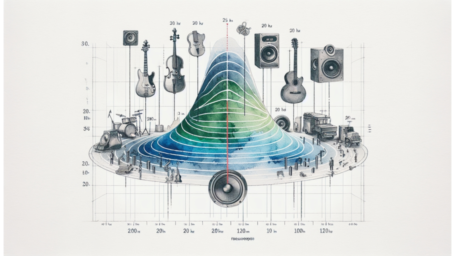 Diagramm des idealen Frequenzgangs eines HiFi Lautsprechers, das die Übertragungsbreite von 20 Hz bis 20.000 Hz zeigt und den Zusammenhang mit verschiedenen Musikinstrumenten beschreibt.