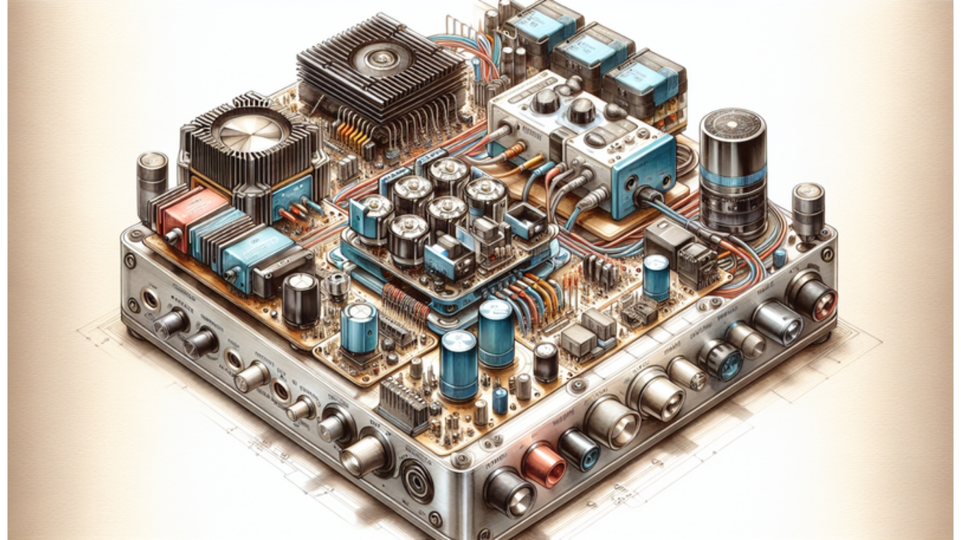 Aquarellabbildung eines HiFi Netzteils mit DAC und Verstärker, das eine konstante Stromversorgung für ein verbessertes Klangerlebnis bietet.