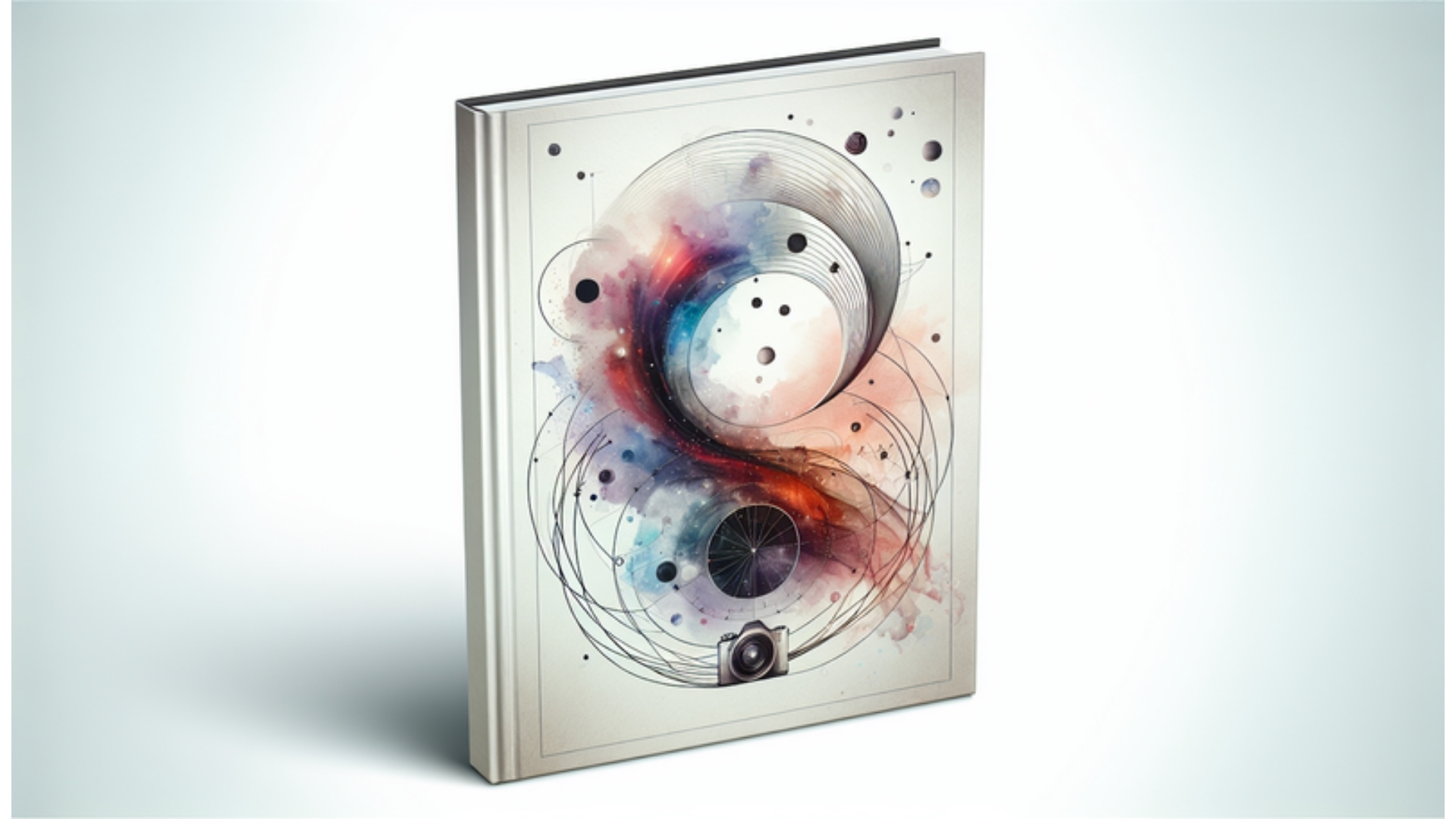 Impressives Buchcover-Design in Aquarellstil mit futuristischen und minimalistischen Elementen, erstellt in 16:9 Verhältnis.