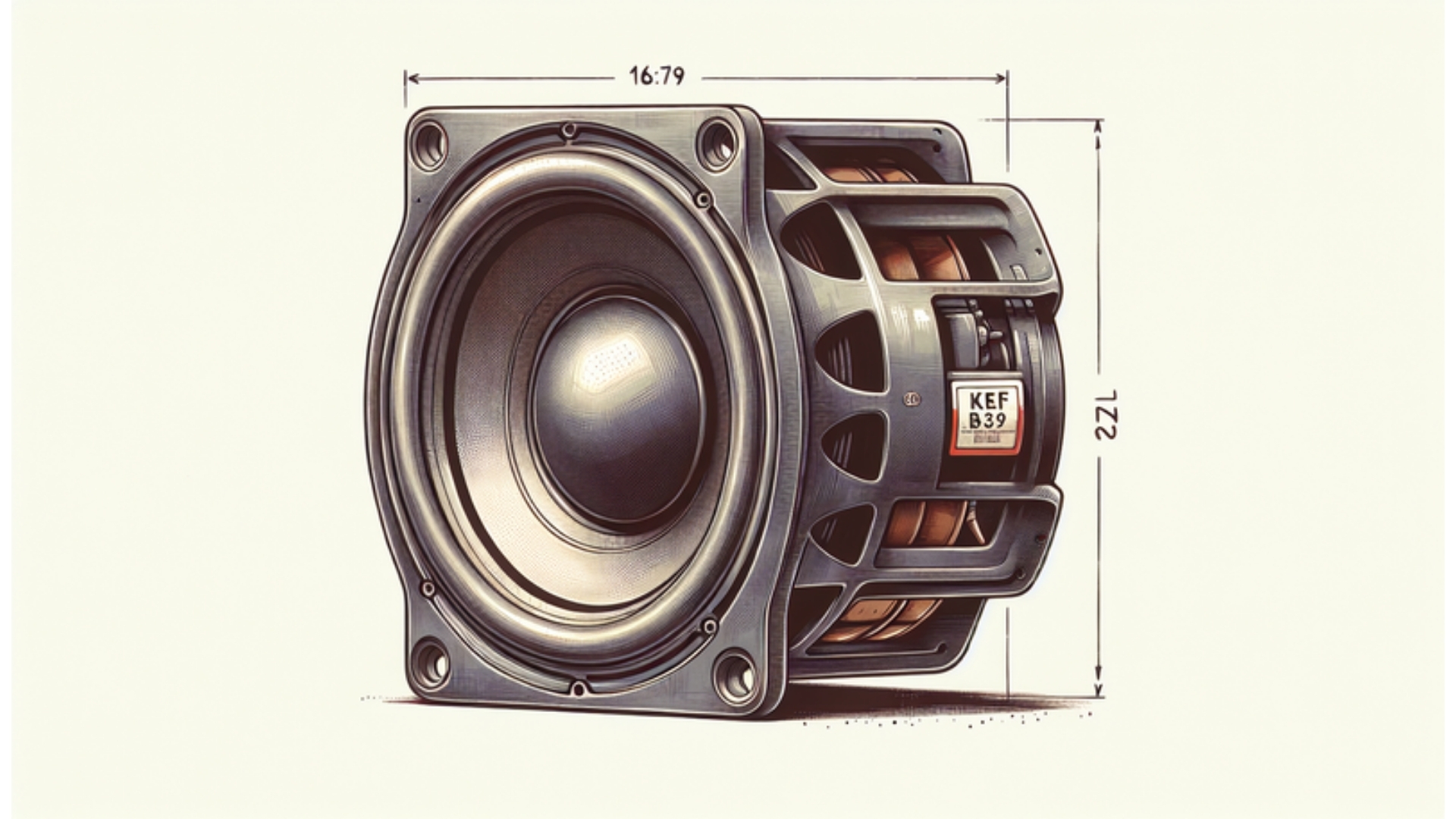 Aquarellillustration des KEF B139 Lautsprechertreibers mit rechteckiger Form und elliptischem Kolben, historisch bedeutend in der Audiotechnik.