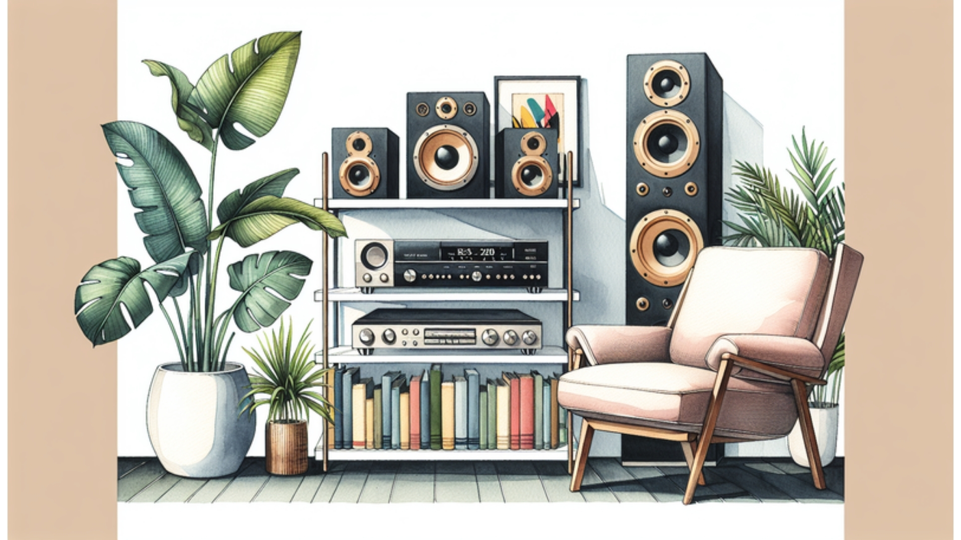 Illustration eines modernen Wohnzimmers mit Kef Q150 Lautsprechern, ideal für klassische Musik in entspannter Atmosphäre.