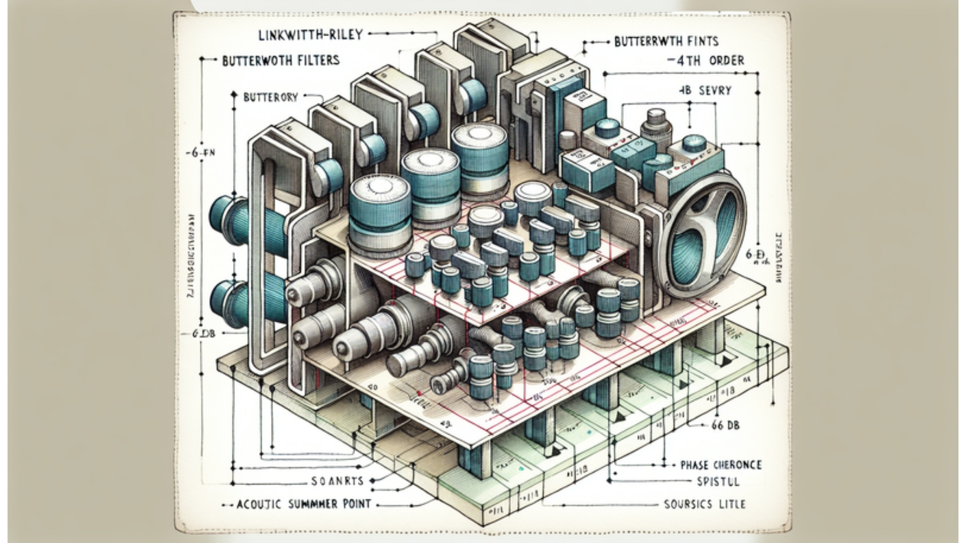 Detaillierte Illustration eines Linkwitz-Riley 4th Order Crossovers in einem Audiosystem, zeigt Filterstruktur und Phasenkohärenz, Aquarellstil.