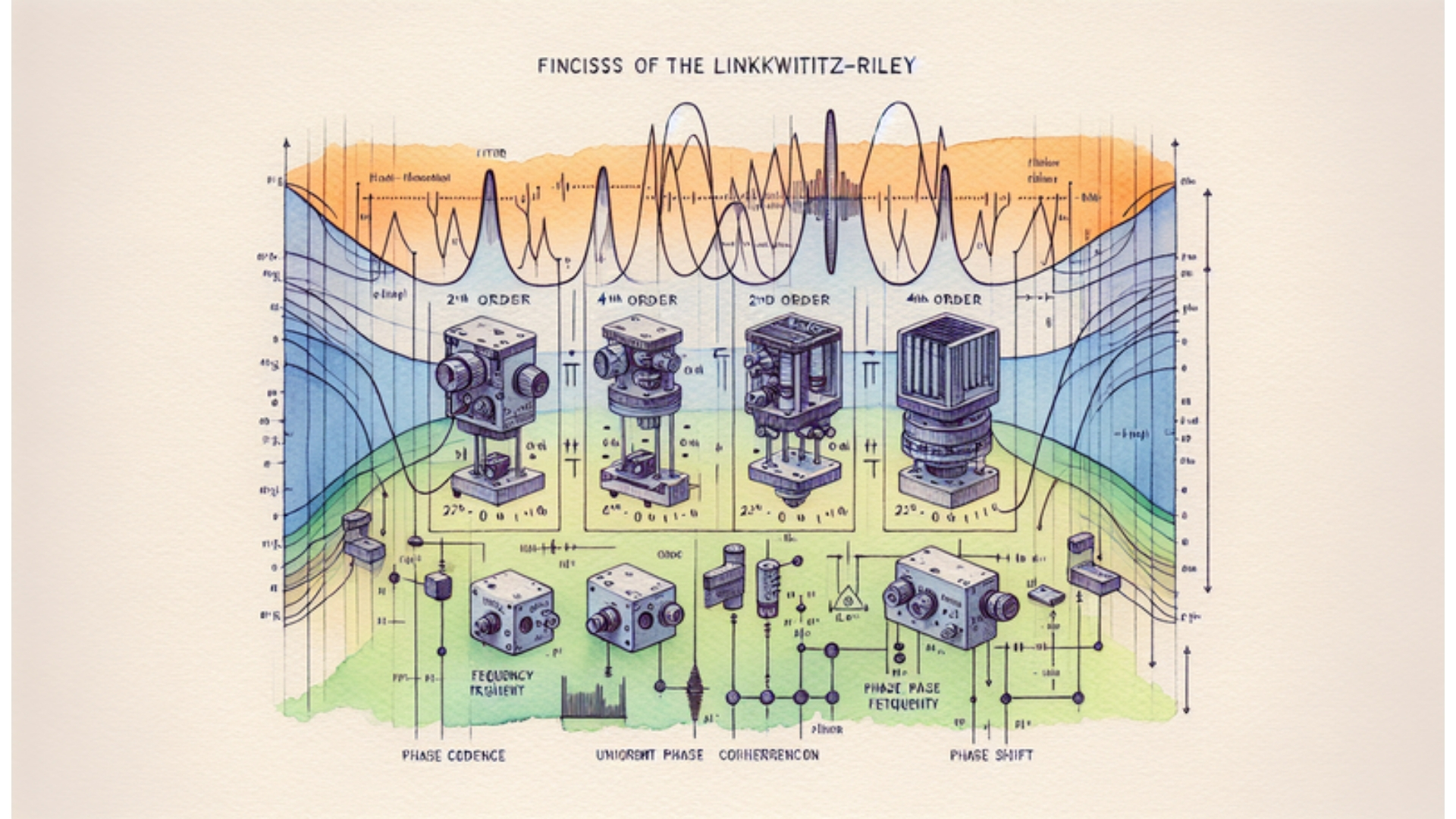 Diagramm zur Funktionsweise von Linkwitz-Riley Filtern mit Darstellung der Phasenkohärenz und Frequenzkurven im Aquarell-Stil.