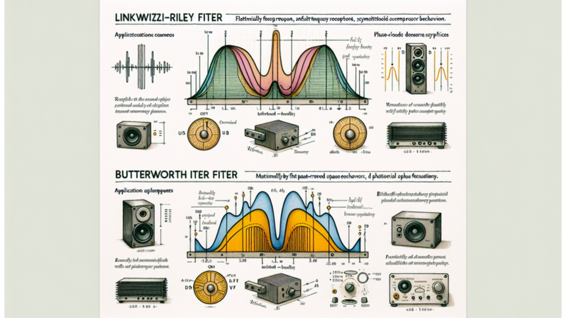 Diagramm des Linkwitz-Riley- und Butterworth-Filters, das Frequenzgang und Phasenverhalten in Audiotechnik vergleicht.