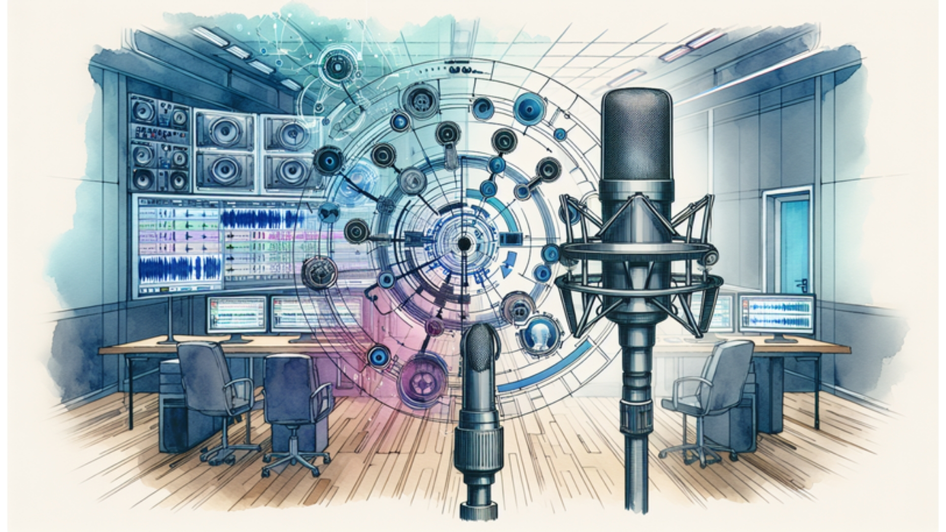 Futuristisches Audio-Studio mit modernster Mehrkanalton-Technologie und Mikrofonlayouts, illustriert in Aquarellstil