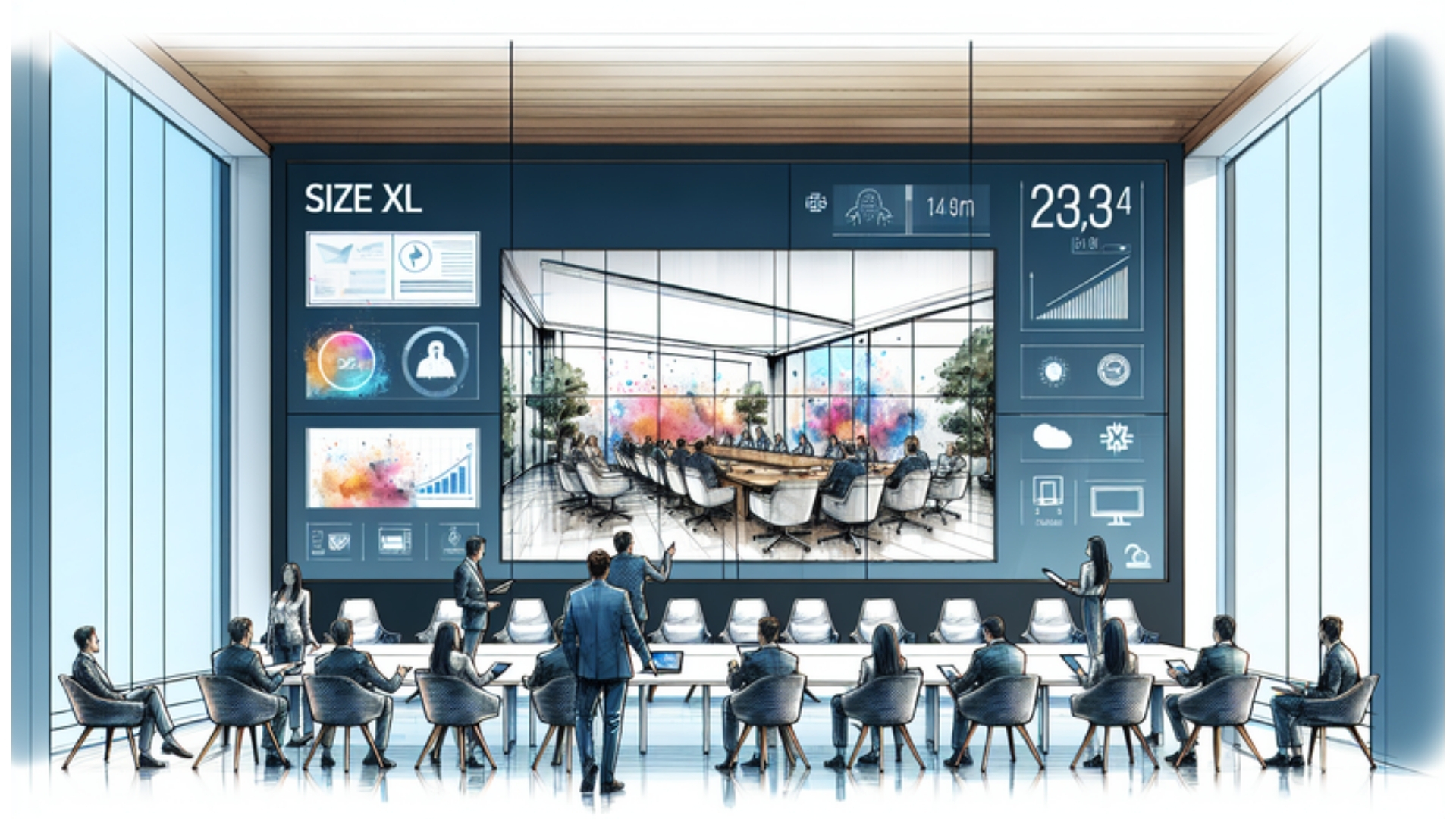 Aquarellillustration einer Multimediawand XL in einem modernen Konferenzraum, zeigt interaktive visuelle Inhalte und Teilnehmer, die mit der Technologie interagieren.