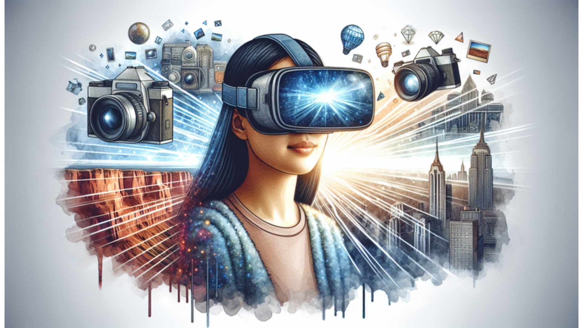 Darstellung einer Person mit VR-Headset und holografischer Kamera in watercolor-Stil, die die Verschmelzung von virtueller Realität und Fotografie symbolisiert.